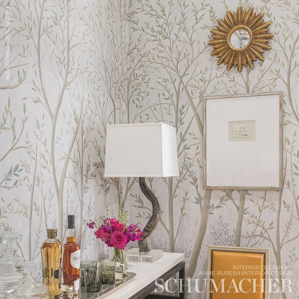 Schumacher BRINDILLE GOLDEN ACCENTED PANEL SET wallpaper, color DOVE, SKU 5010920